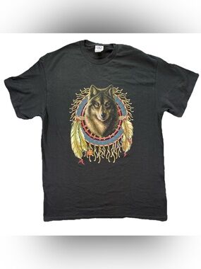 Vintage Wolf Dream Catcher Native American T Shirt Men's Large Black Y2K Nature